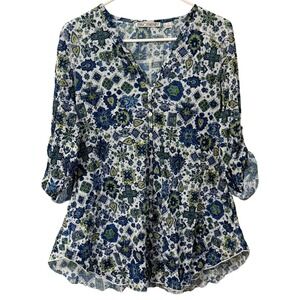 SnoSkins Geometric Mosaic Textured  Button Down Tunic‎ Womens XS Blue Green Boho